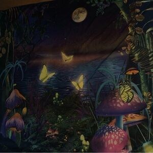 Fantasy Floral Nature Tapestry with Mushrooms Butterflies Decor